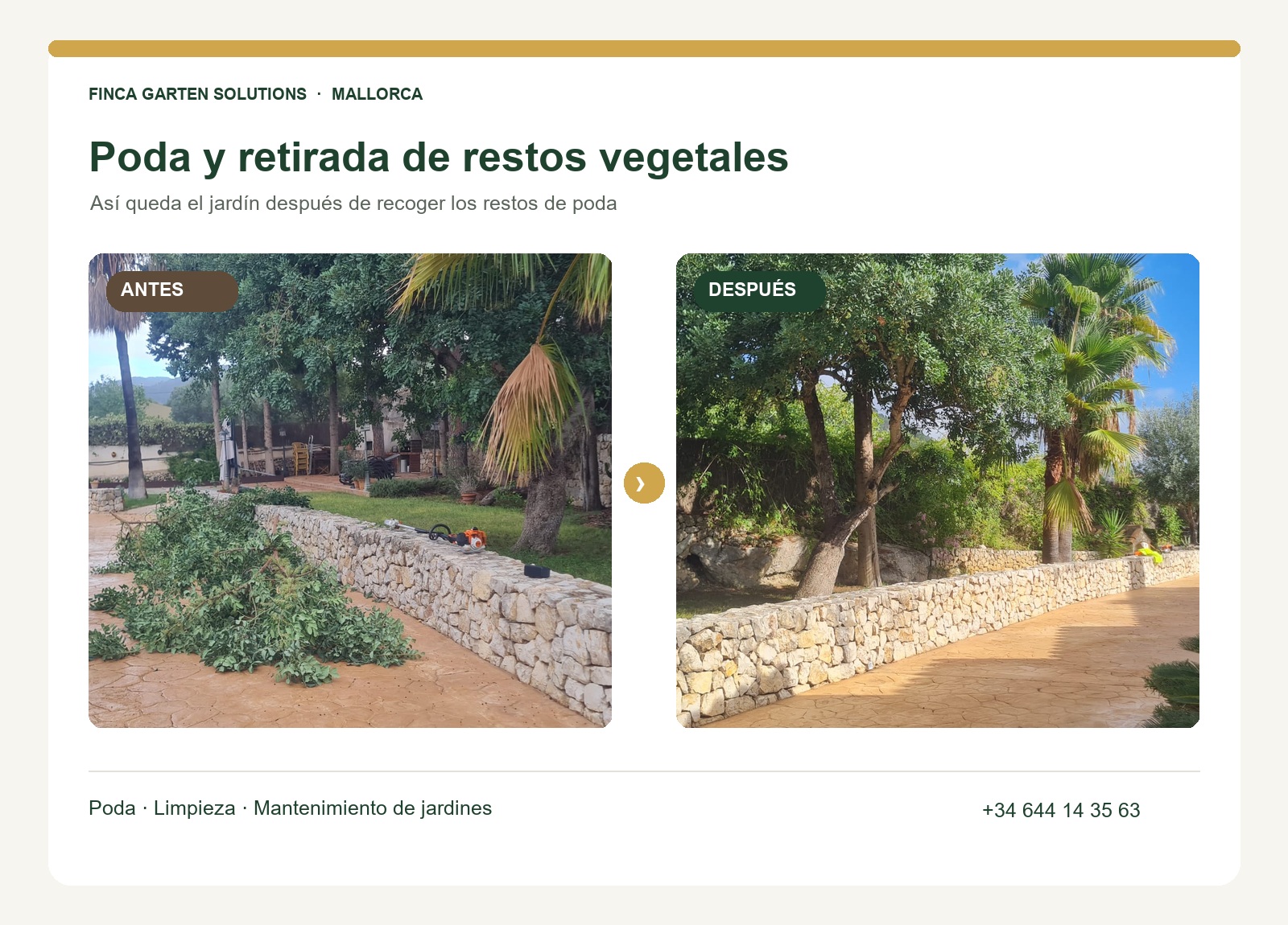 Antes y después de la poda y recogida de ramas en un jardín de Mallorca.